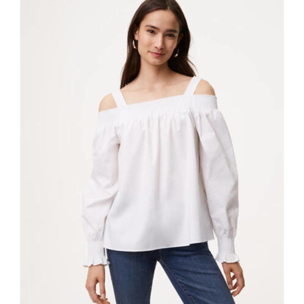 NWT LOFT White dressy strappy long sleeve off the shoulder blouse Medium